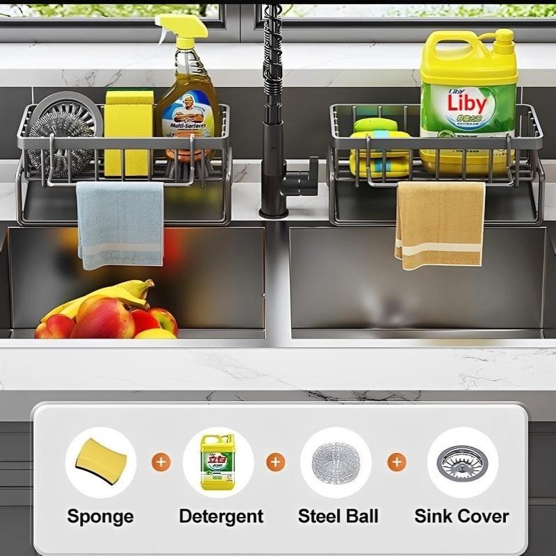 Sponge Drainer Rack Wall Mounted with Towel Holder Space-saving Kitchen Sink Organizer for Bathroom Laundry Room Use