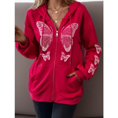 Sweat à capuche avec imprimé papillon pour femme, Printemps et Automne Manches longues Fermeture éclair Longue à Capuche Haut Décontracté, Sweat à capuche Mode Femme