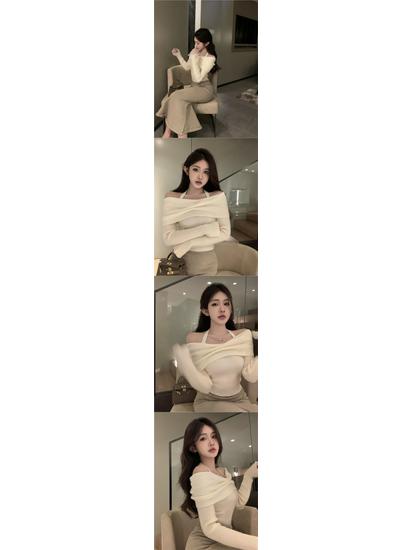 Korean-Style Spicy Off-Shoulder Halter Neck Knit Top for Women: Slim Fit, Long Sleeve, Autumn & Winter Collection
