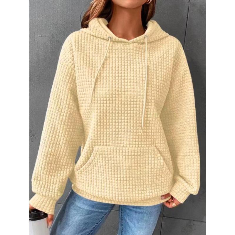 Color Block Waffle Drawstring Hoodie, Casual Long Sleeve Pocket Sweatshirt, Women's Clothing