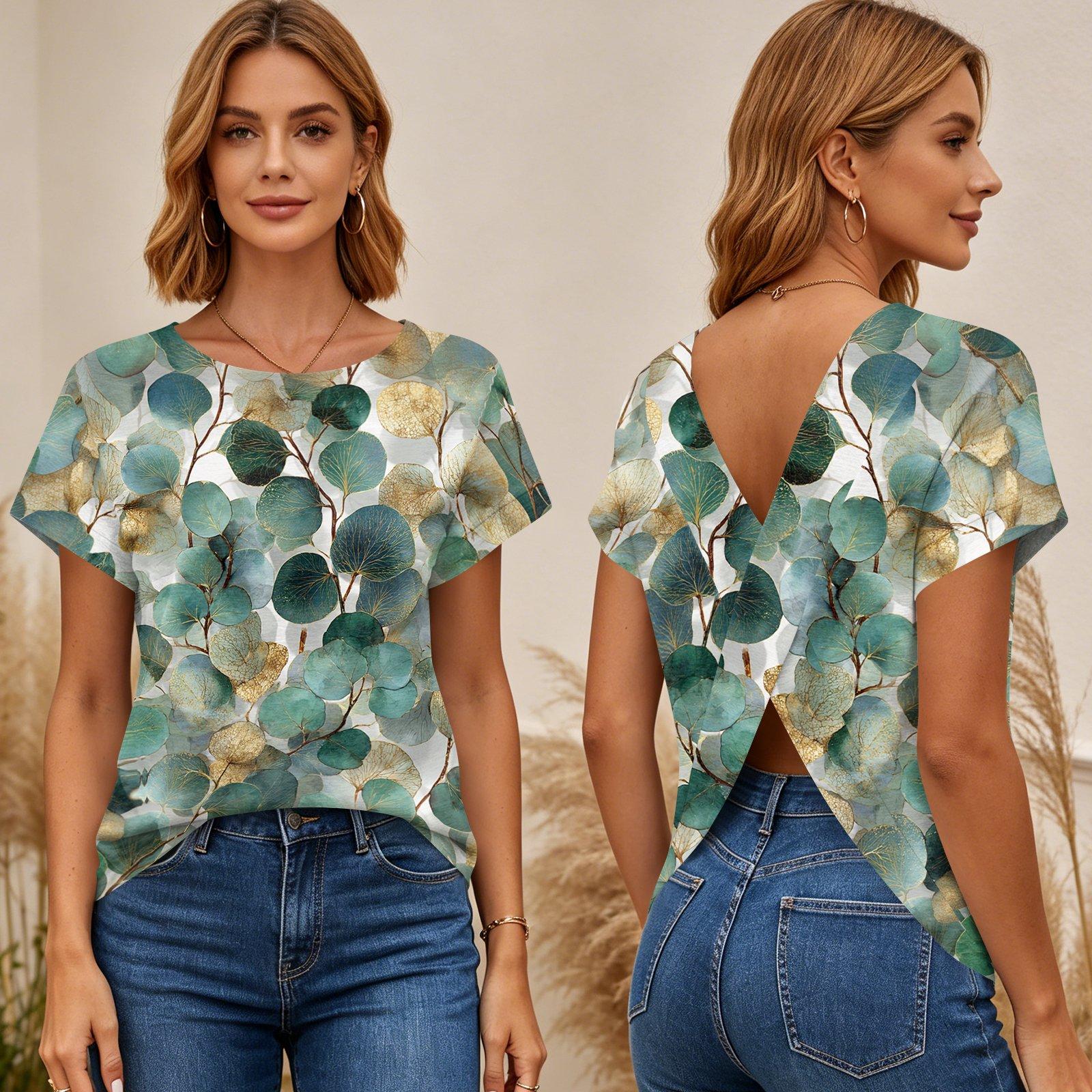 

Women s Short Sleeve Floral Print Cross Back T Shirt Top Summer Casual Lightweight Blouse with Open Back Design XL
