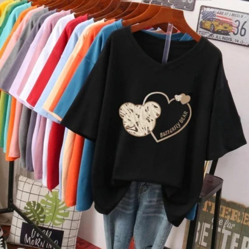 

Жіноча футболка з коротким рукавом, великого розміру, вільного крою, що підкреслює фігуру, нішева, топ з V-подібним вирізом з чистої бавовни, що прикриває живіт 5XL чорний