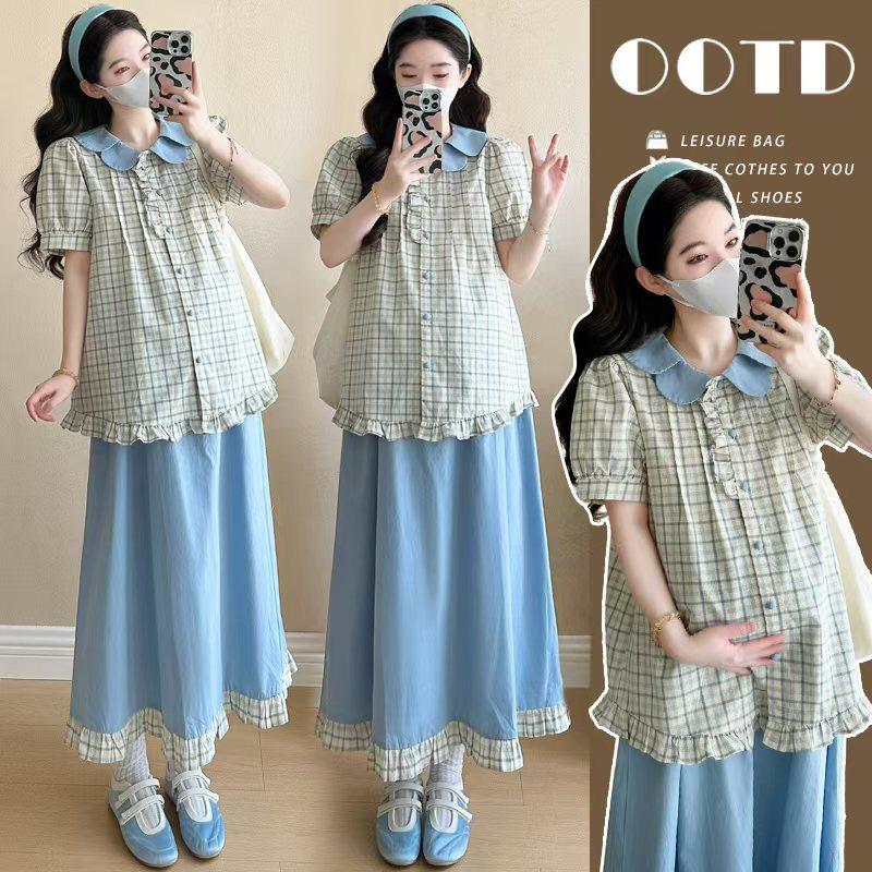 2026 Summer Maternity Gentle Retro Plaid Shirt + Skirt Set L