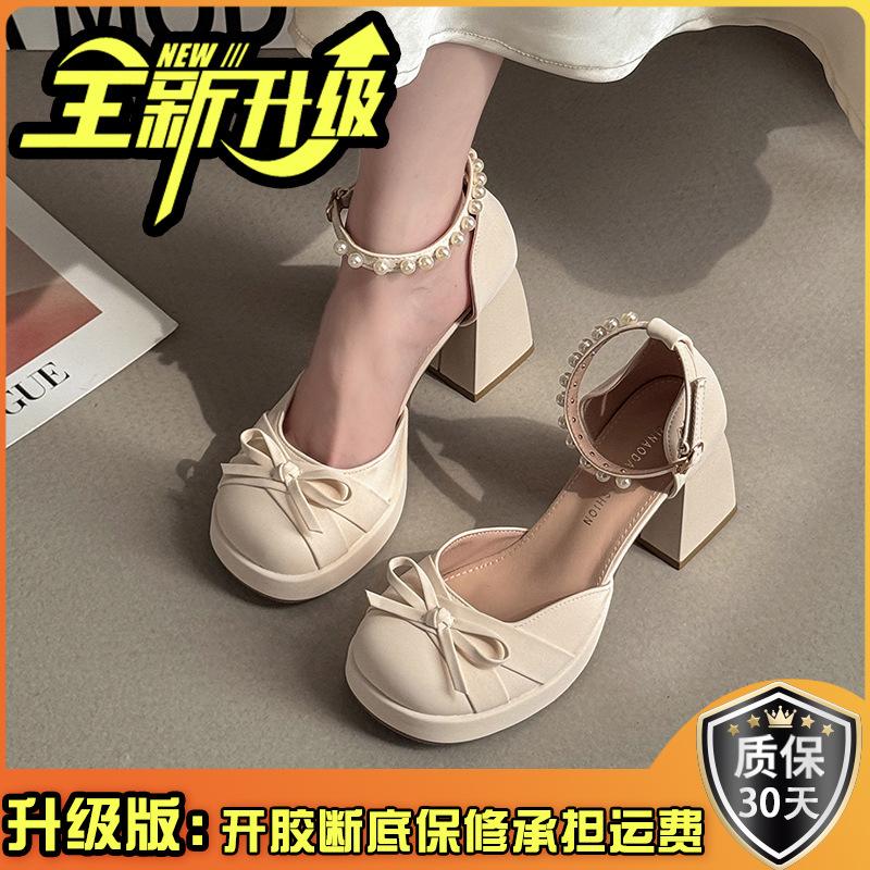 Bow thick heel Mary Jane shoes women's new spring and summer with skirt sweet high heels