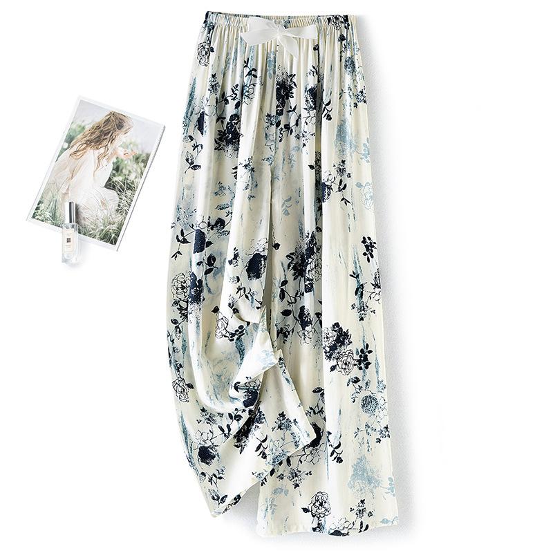 Pantaloni de pijama din bumbac mătase pentru femei, secțiune subțire de vară, anti-țânțari, pantaloni cu picior lat, culoare uni, pentru exterior, casă, petrecere a timpului liber, imprimeu, pantaloni de plajă până la genunchi