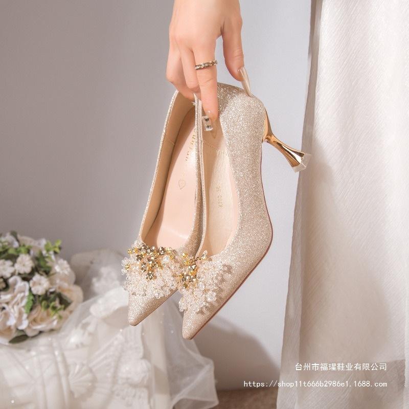 French crystal sequined wedding shoes high heels 2025 new pointed head shallow mouth wedding shoes rhinestone main wedding dress stiletto shoes