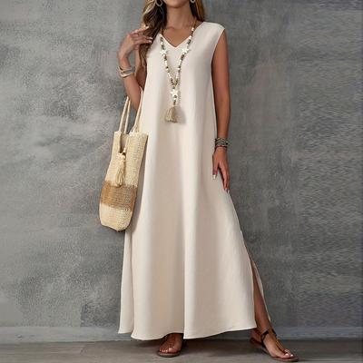 Beiges ärmelloses V-Ausschnitt langes Kleid mit Seitenschlitz