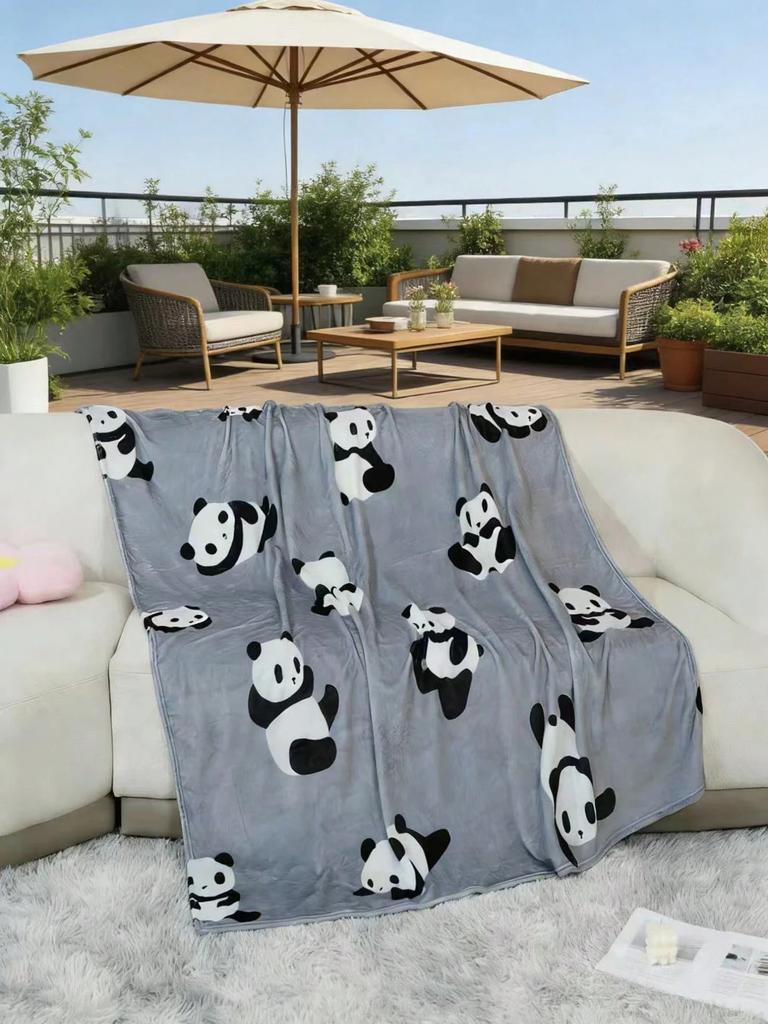 1pc Cute Panda Flannel Blanket Single Sided 2D Print Playful Soft Flannel Blanket Bedroom Living Room Couch Throw Cozy Vibe Gift