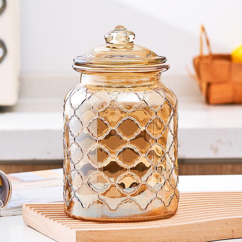Creative Amber Plaid Striped Glass Jar Sealed Tea Candy Jar Kitchen Food Storage Container Clear Glass Bottle Box Home Decor