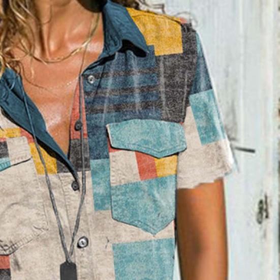 Kvinner kortermet turn-down krage Enkeltspent utskrift Uformell T-skjorte bluse Streetwear