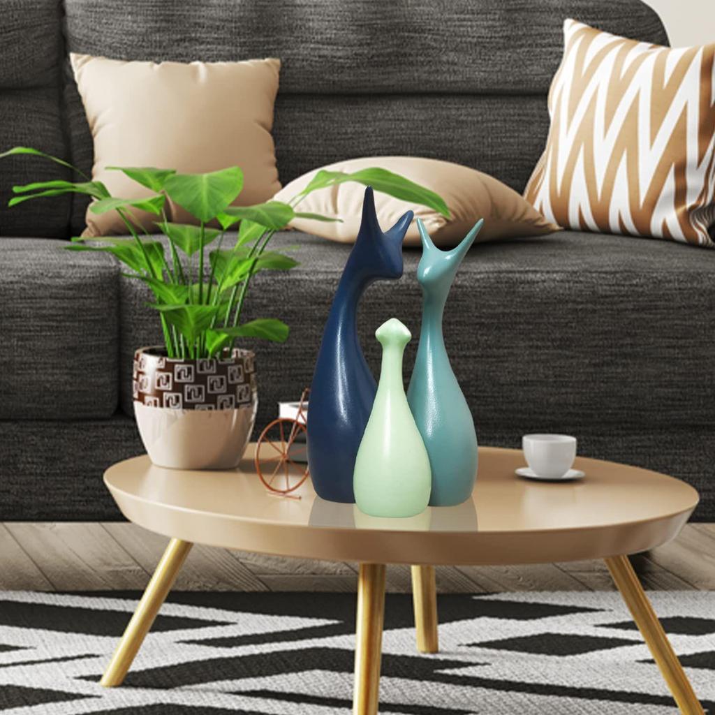 Heminredning Lycklig Hjortfamilj Staty Keramiska Figurer - (Set om 3, Marinblå, Citrongul och Ljusgrön)