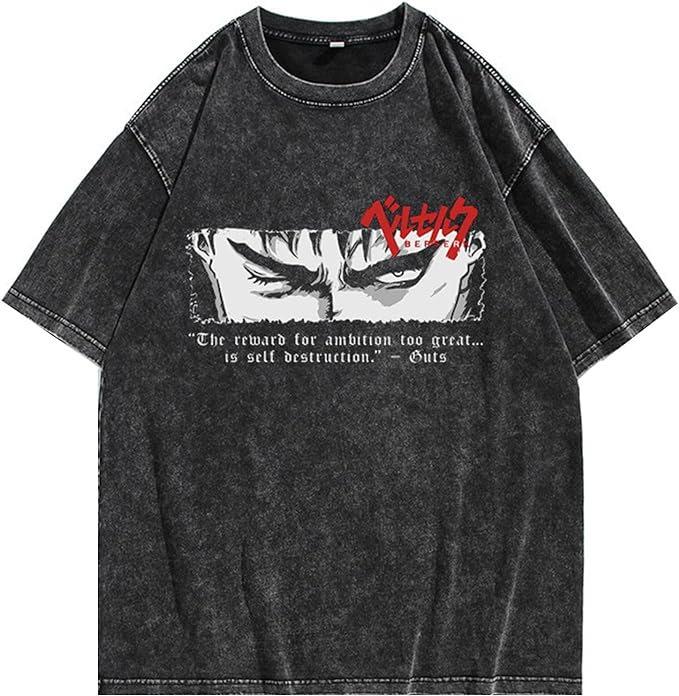 Retro Vyprané Pánské Tričko s Krátkým Rukávem Berserk Anime Bojovník