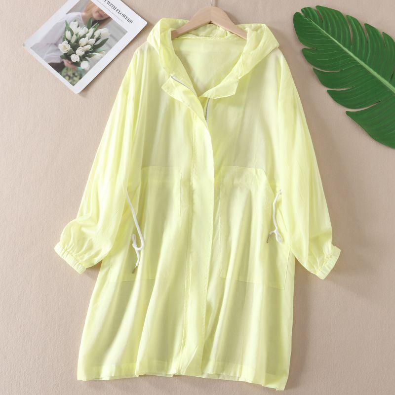 

Spring and Summer Korean Style Transparent Fresh Light Color Hood Mid-Length Thin Coat Women Lace-up Long sleeve Sun Protection Clothing Wd3129 Yellow One size