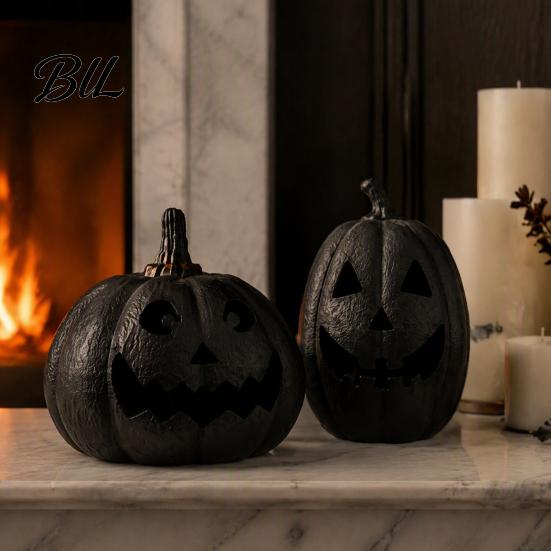 Gothic Home Decoration Halloween Pumpkin Figurine, Black Resin Spooky Face Sculpture, Durable Seasonal Table Centerpiece Tabletop for Mantel Fireplace