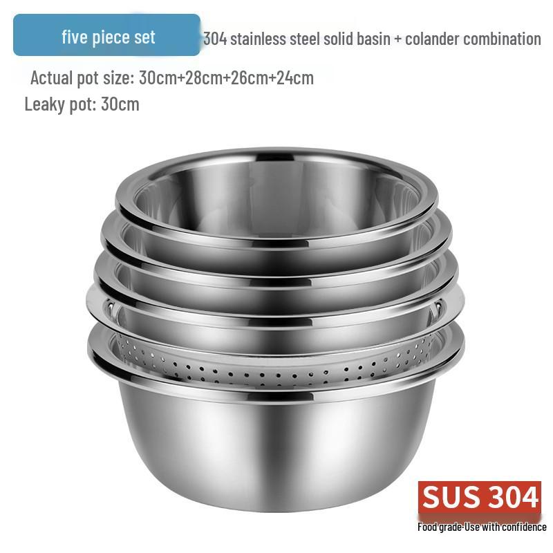 Qingwang 304 Stainless Steel Thickened Mixing and Drainer Bowl Set - 5 Pieces
