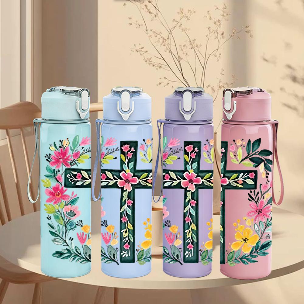 1PC Floral Christian Cross 750ml Color Plastic Sports Water Bottle Leakproof Flip Straw Lid Suitable for Sports Office Home Use