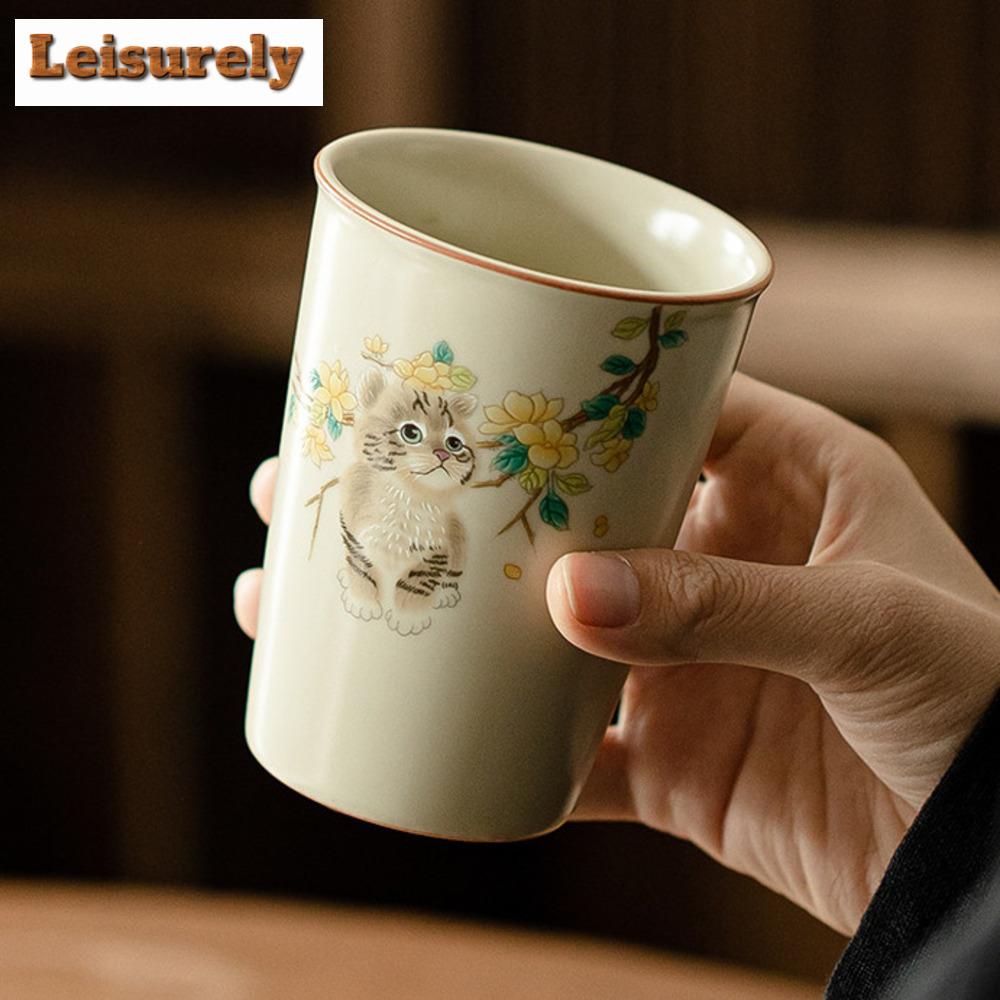 250ml Cute Cat Ru Kiln Ceramic Teacup Elegant Water Jug Master Cup Green Coke Cup Coffee Mug Tea Household Drinkware Accessories