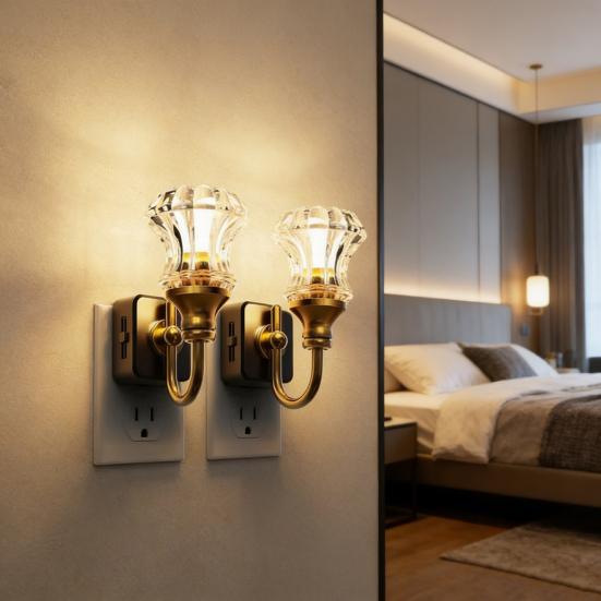 Vintage Plug-In Night Light with Resin Dusk-to-Dawn Sensor Brass Base LED Lamp Light Energy-Saving Ambient Night