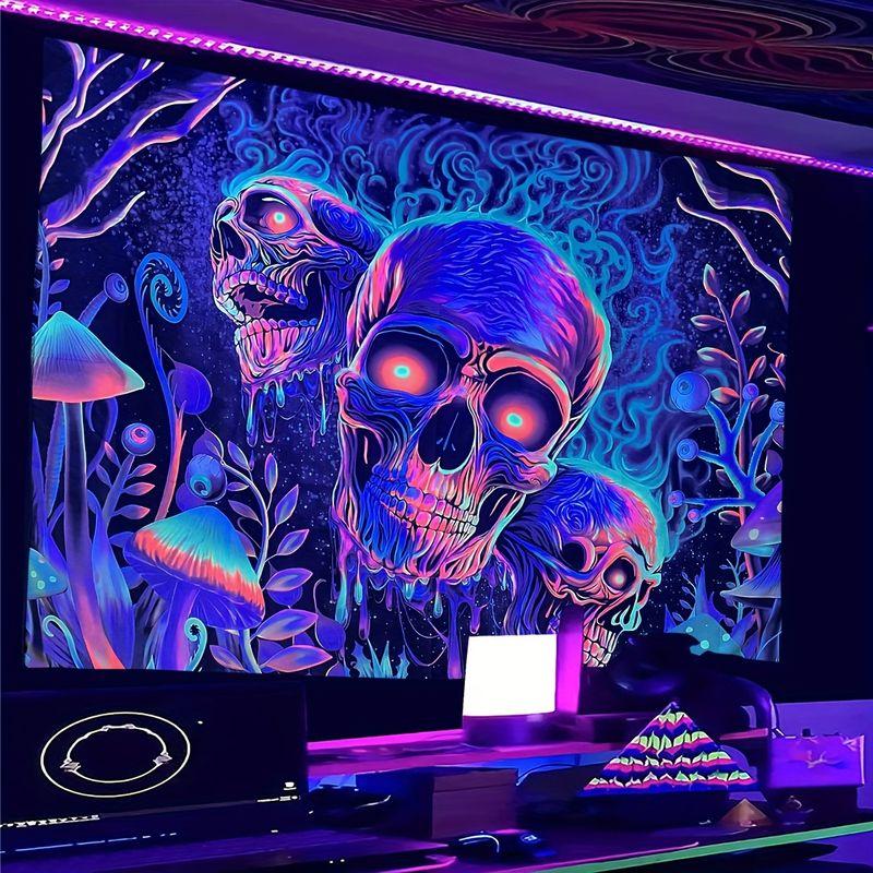 Trippy Neon Gradient Skeleton Psychedelic Mushroom Tapestry Wall Hanging Home Decor for Bedroom Living Room Dorm