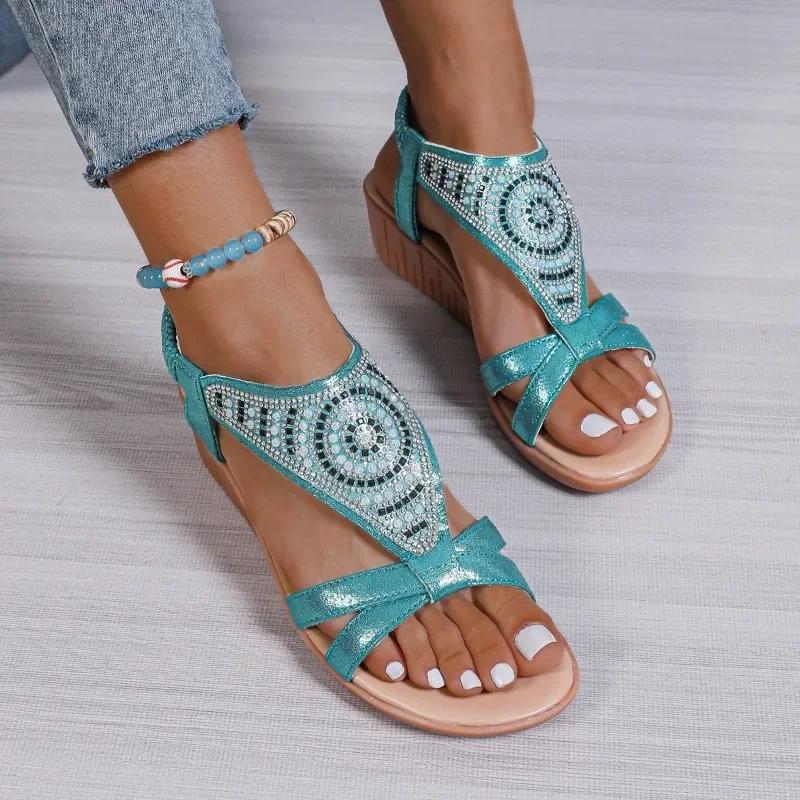 fashion Shoes for Women 2024 Plus Size Basic Women's Sandals Casual Daily Sandals Women Crystal Elastic Band Wedge Fashion Shoes Female