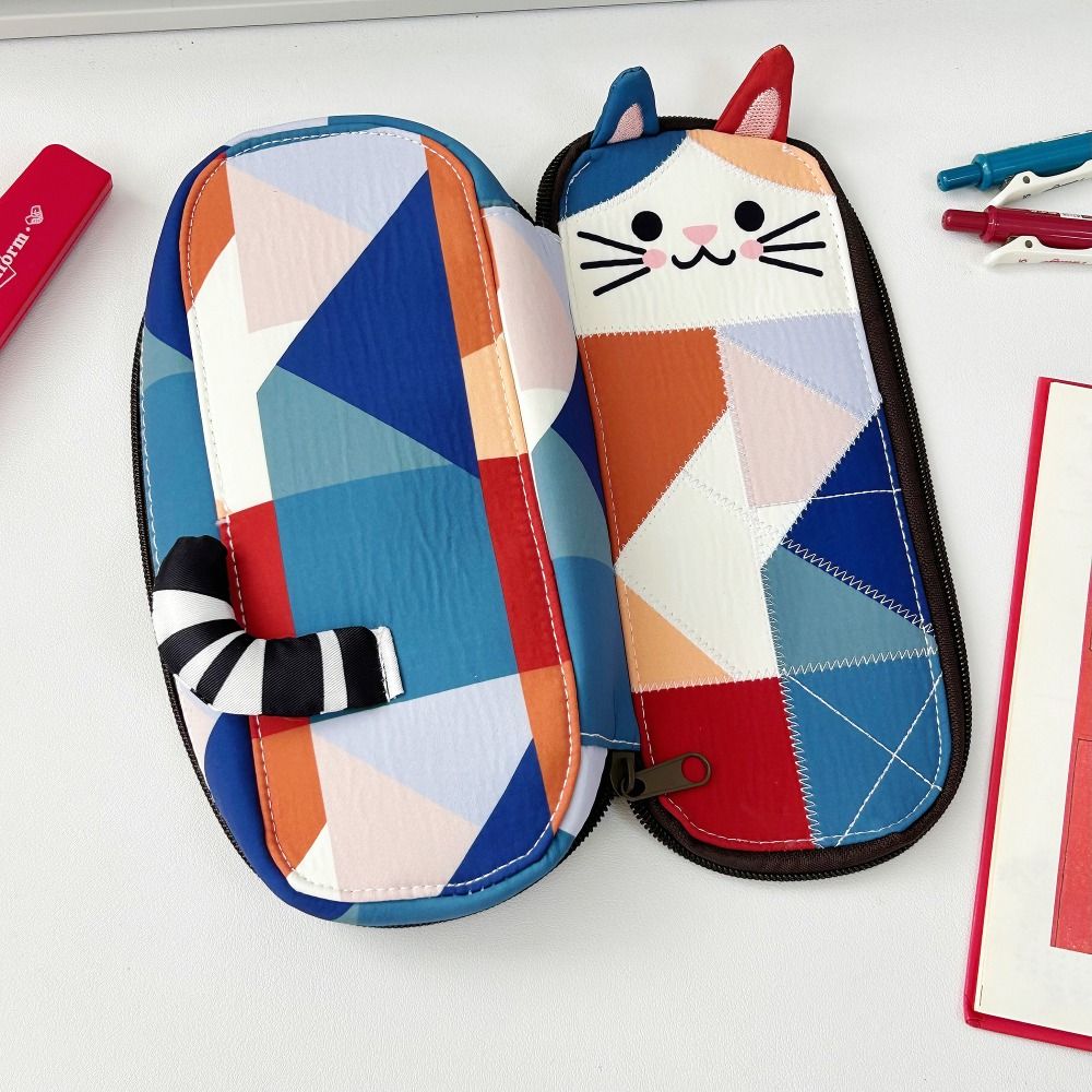 Portable Patchwork Pencil Case Cat Large Capacity Pen Bag Stationery Pouch School Supplies
