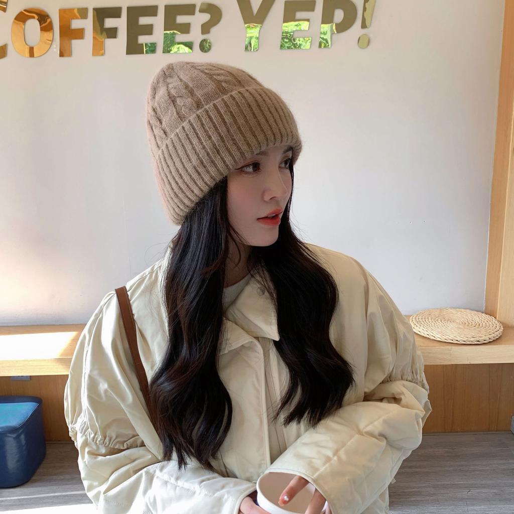 Big head circumference pullover hat Winter twist thread hat Knitted hat Fleece thickened warm fashionable versatile ear protector Cold hat