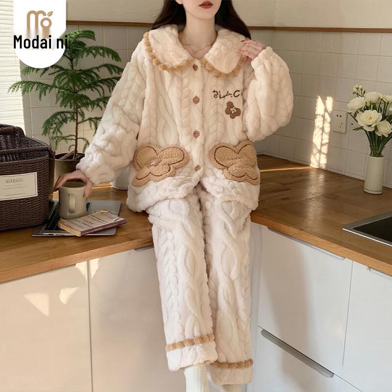 Women s Cute Flannel Pajama Set with Velvet Lining L
