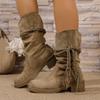 Fashion Sexy Tassel Suede Long Western Cowboy Boots Women 2025 Winter Thick Heel Knee High Boots Retro Khaki Medium Heel Shoes Plus Size
