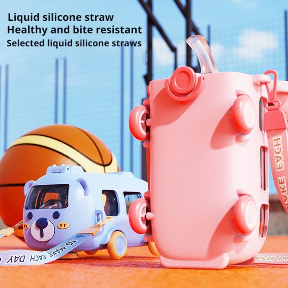 Kids' Bus Water Bottle 16oz Car Water Cup With Straw And Strap, Leak-Proof,Detachable Bus Water Jug Toy For School Sports Travel