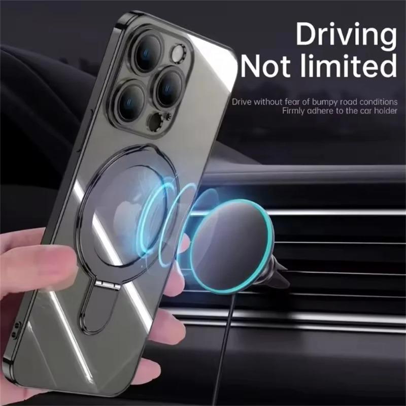 Luxury For Magsafe Bracket Case For iPhone 17 16 15 14 13 12 11 Pro Max Plus 17 Air Magnetic Ring Stand Holder Clear TPU Cover