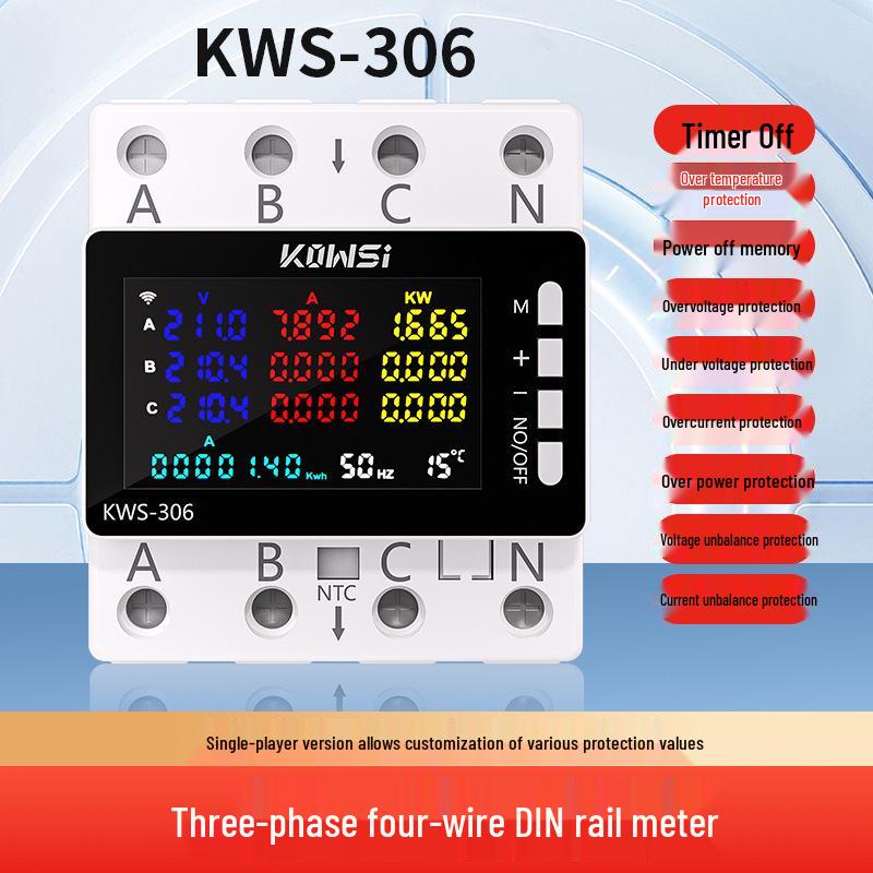 Graffiti WiFi Multifunction DIN Rail Meter with Over/Undervoltage & Phase Loss Protection.