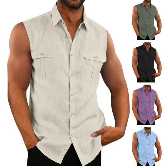 Men Summer Top Sleeveless Solid Color Single-breasted Patch Pockets Mid Length Match Pants Cardigan Lapel Men Summer Vest Men Clothes