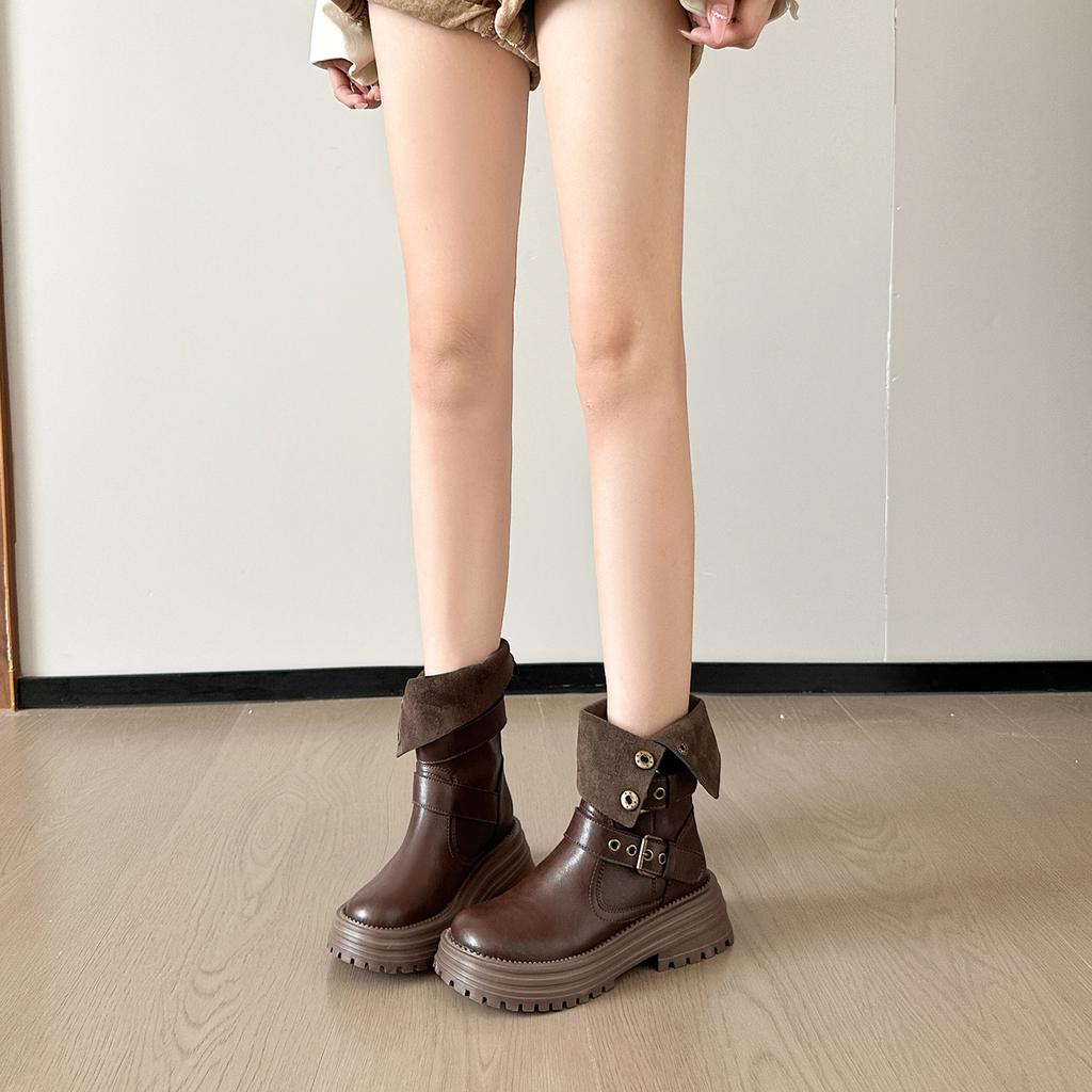 Retro round head versatile fold two wear thick-soled thick heeled Martin boots women's 2025 new belt buckle slim medium boots