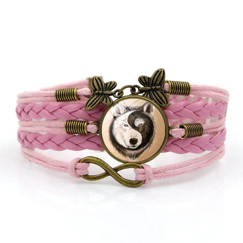 Pulseiras de charme de lobo Ying Yang para mulheres Moda Cabochão de vidro Borboleta Infinito Jóias Pulseira de couro multicamadas