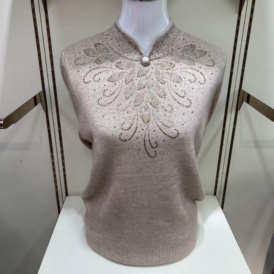 Winter Damen Fleece Pullover Dick Grobstrick Pullover Halber Rollkragen Strass Beflockt Übergröße Pullover