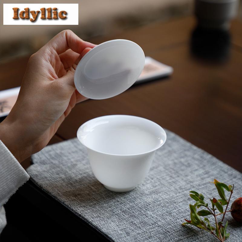 150ml Mutton Fat Jade Gaiwan Luxury Tea Bowl Not Hot Tea Tureen Tea Bowl With Lid Kit Tea Brewing Cover Bowl Tea Ceremony Gift