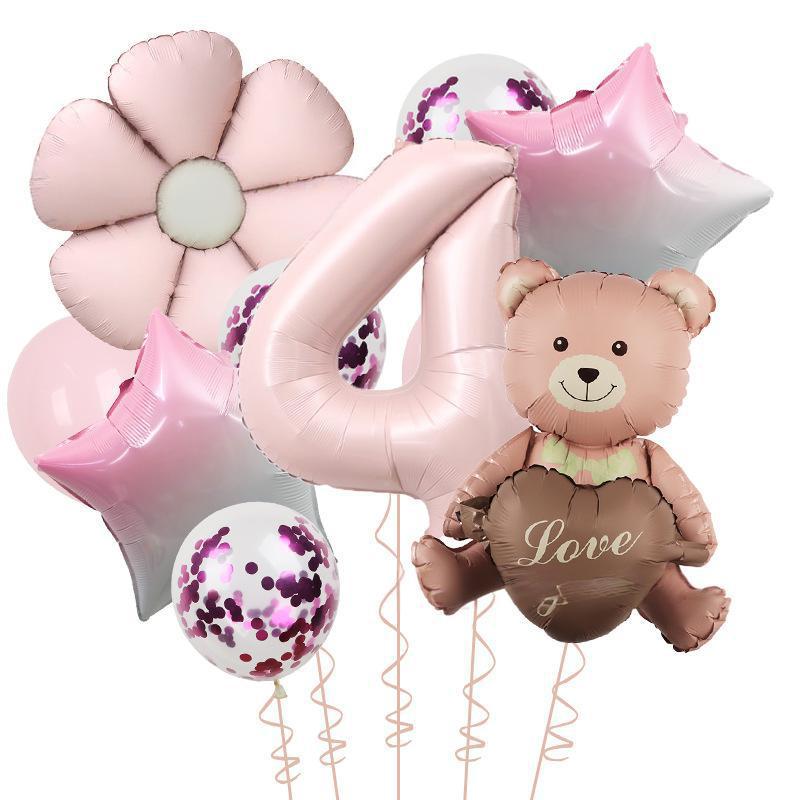 Matte Love Bear Colored Daisies 40 Inch Caramel Cream Aluminum Film Sequins Latex Balloon Birthday Set