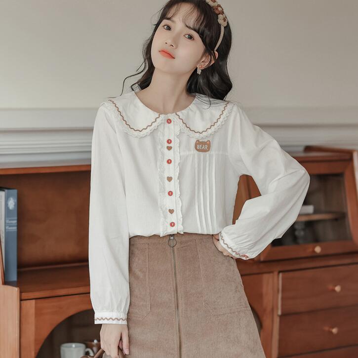Spring and Autumn New Embroidery Long Sleeve Shirt Women Casual White Inner Blouse Tops