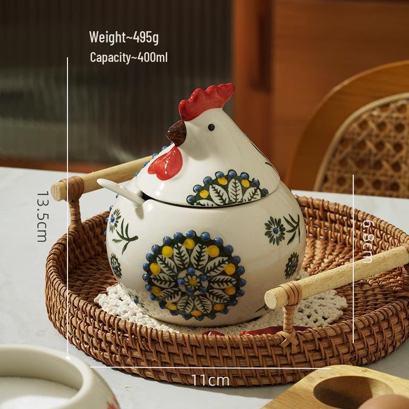 Ceramic Chick Spice Jar with Lid & Spoon - Moisture-Proof, High-End Kitchen Salt & Chili Shaker.