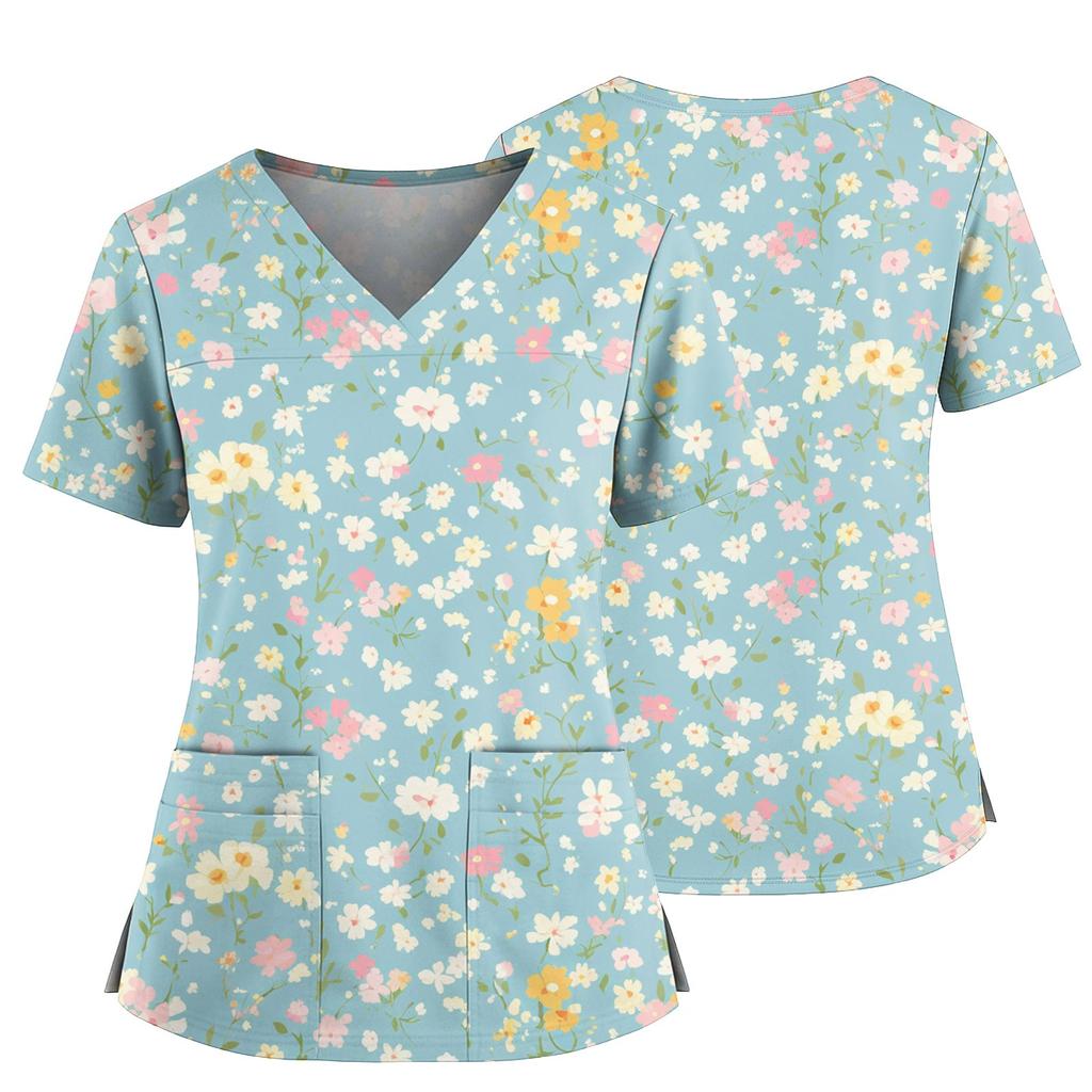 Women's Casual Printed V-Neck Pocket Side Slit Short Sleeved Top Short Sleeved Top