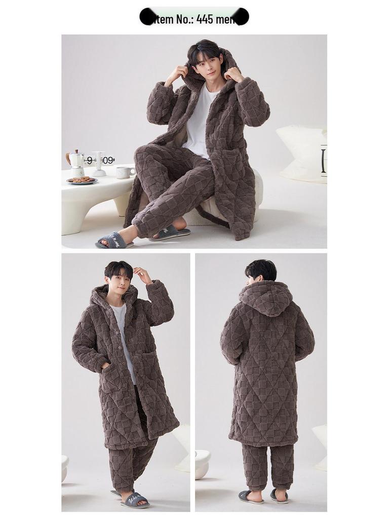2024 Men's Quilted Winter Hooded Pajama Bathrobe - Warm, Thick Coral Fleece Outerwear