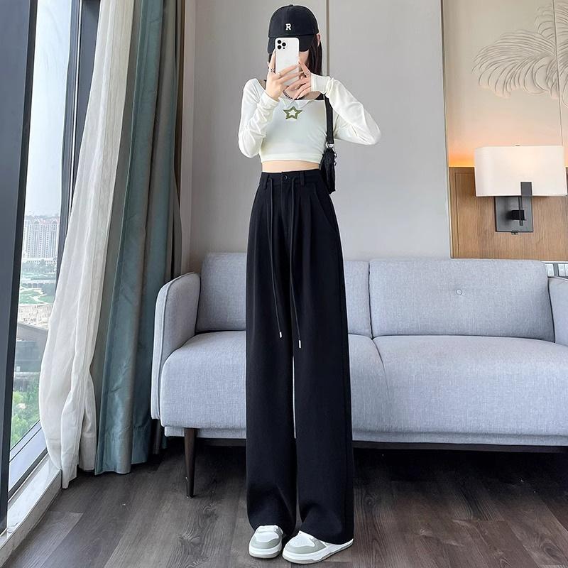 Women's High Waist Drawstring Wide Leg Pants Loose Fit Casual Style Solid Color High Stretch Winter Straight Trousers