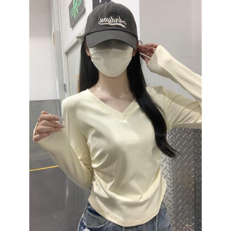 Autumn/Winter Korean Style Slim V-neck Pleated Solid Long-sleeve T-shirt