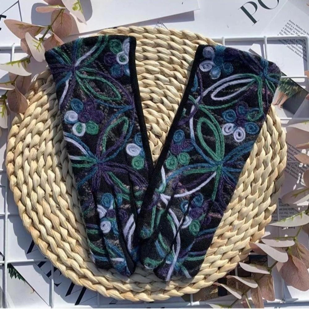 Colorful Pattern Warm Gloves Embroidered Women Mittens Ethnic Style Outdoor Cycling Gloves