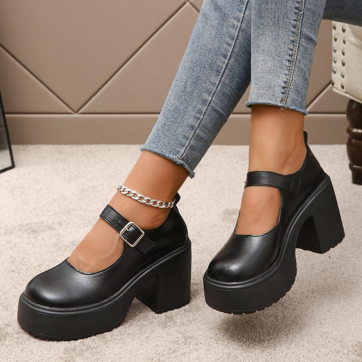 

Женская обувь Мэри Джейн, однотонная женская обувь высокого качества на квадратном каблуке с круглой пряжкой и пряжкой на массивной платформе, одноцветная женская обувь 40