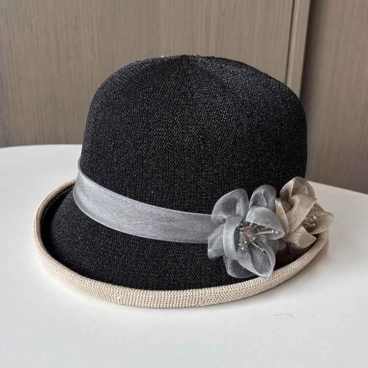 Top hat spring and summer thin small edge sunscreen basin hat women's fashion flower knitted bucket hat outdoor mother sunshade
