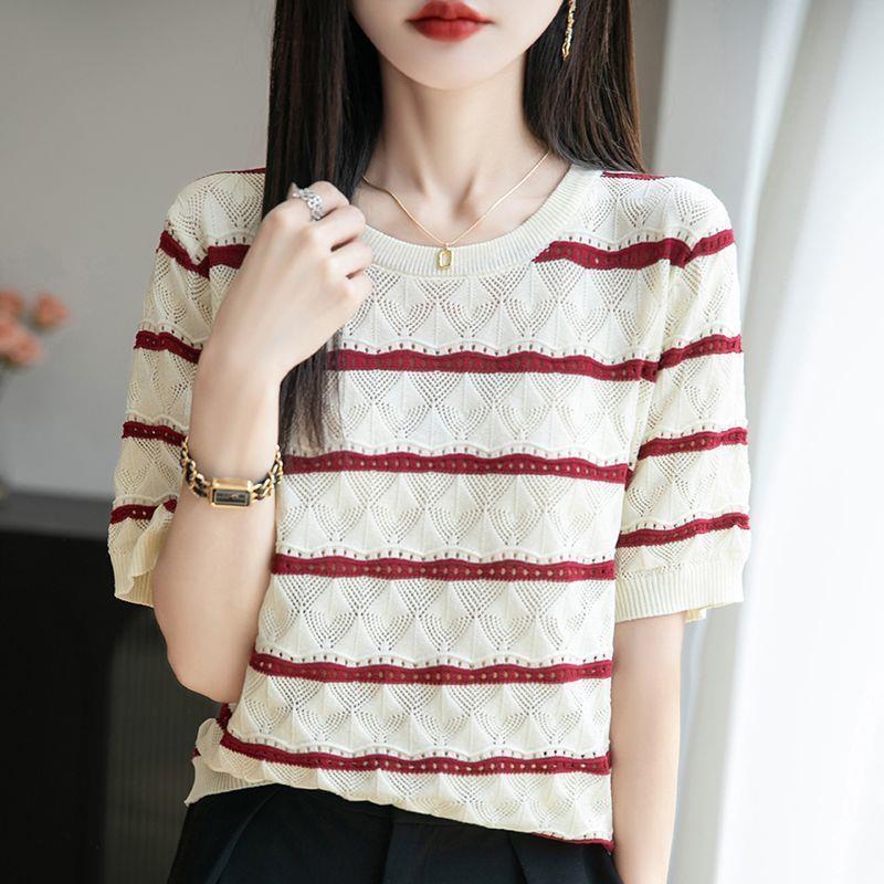 Summer Women's Knitted Short Sleeve T-shirt Round Neck Hollow T-shirt Loose Knitted Shirt Top