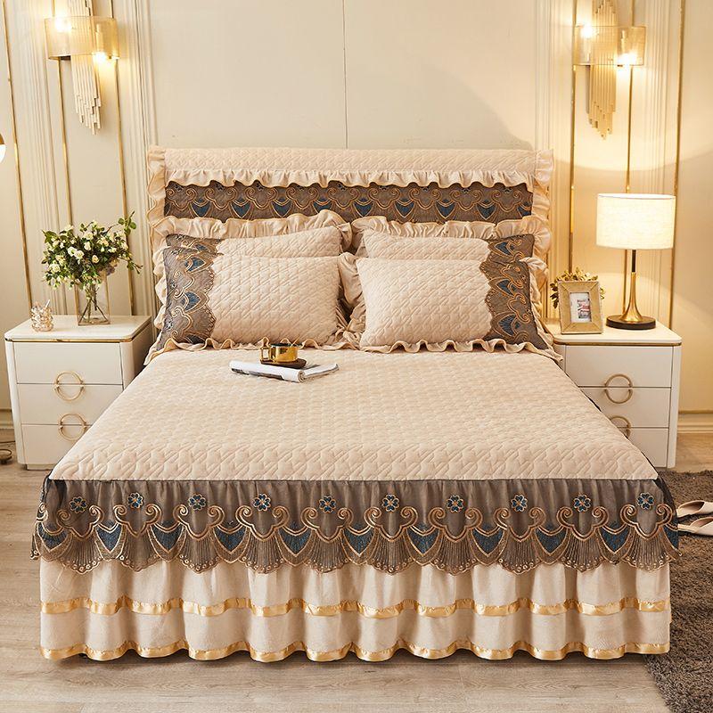 Quilted Bed Skirt Set with Heart Embroidery Lace Trim and Tie-Up High Drop  Includes 1 Bed Skirt and 2 Pillowcases