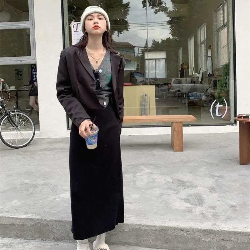 Falda Midi Tejida para Mujer Estilo Coreano 80cm Otoño Invierno Cintura Alta Ajustada Elegante Sin Abertura Falda Bodycon