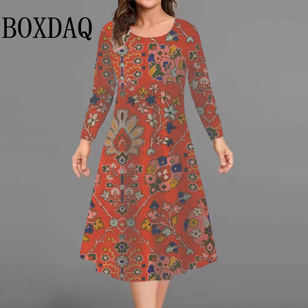 Vintage Flowers Pattern Dresses For Women Long Sleeve Pullover Loose Clothing Plus Size Casual Retro 3D Print Dress